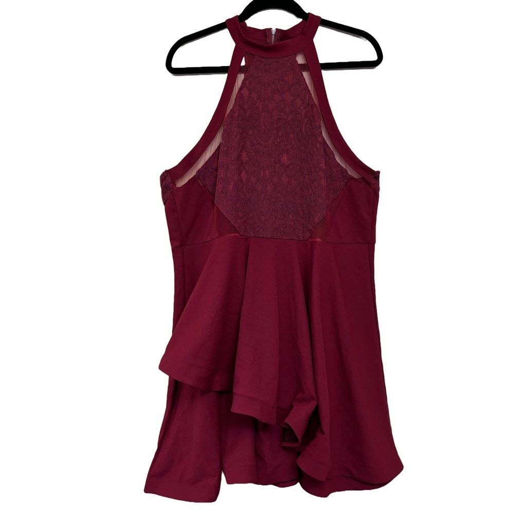 Red Lace Mesh Halter Fit and Flare Burgundy Dress - Size 2x / XXL / Prom Formal